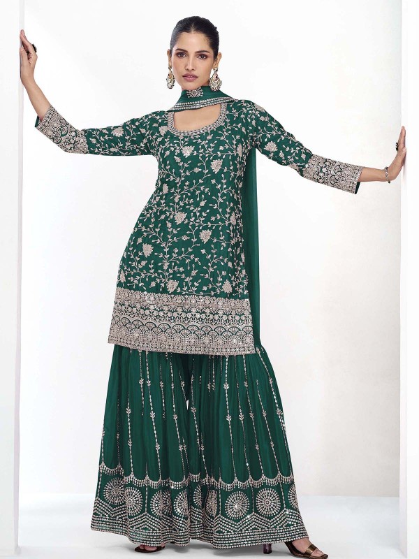 Teal Green Premium Chinon Silk Sharara Suit